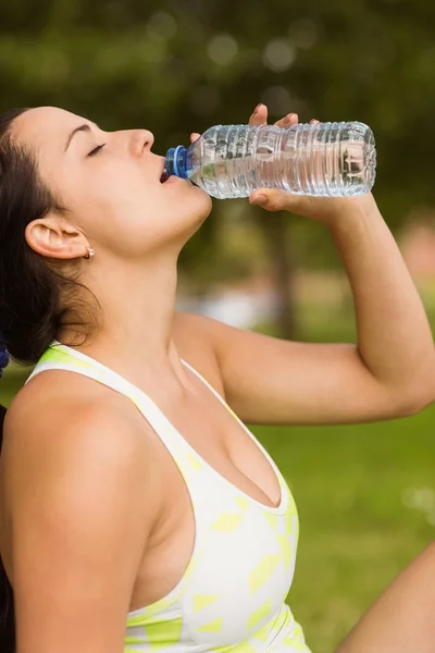 Fit brunette in sportswear drinking water — Stock Photo, Image