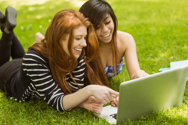 Zrelaksowany kobiet korzysta z laptopa w parku — Zdjęcie stockowe