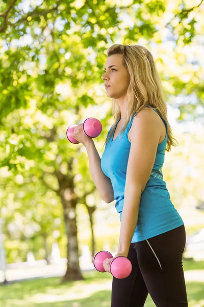 Fit blonde lifting dumbbells in the park — Stock Photo, Image