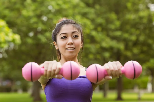 Woman lifting dumbbells in park — Stock Photo, Image
