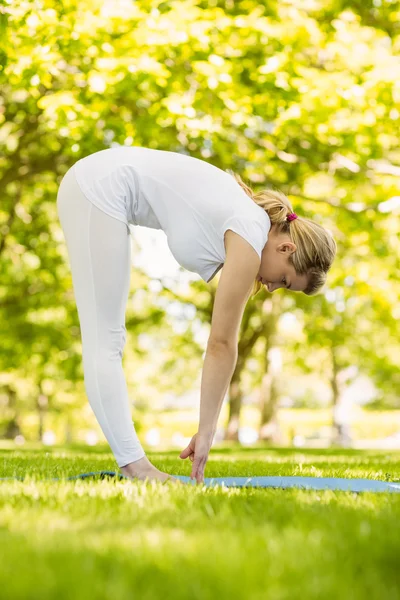 Fridfull blondin gör yoga i parken — Stockfoto