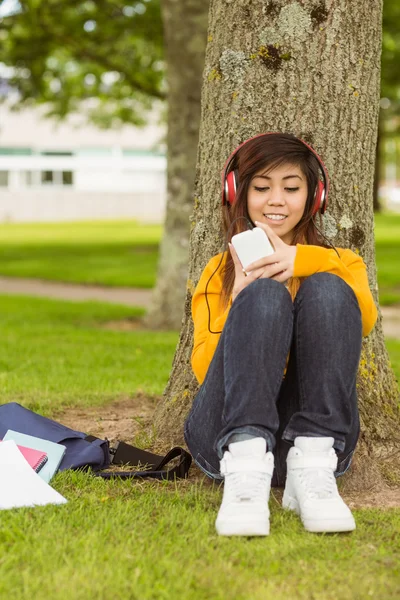 Vrouw genieten van muziek in park — Stockfoto