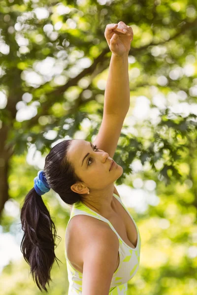 Koncentrerad fit brunett stretching i parken — Stockfoto