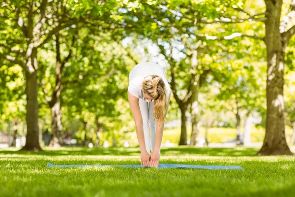 Fridfull blondin gör yoga i parken — Stockfoto