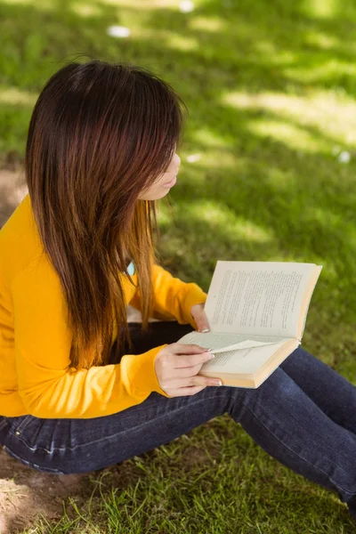 Estudante do sexo feminino leitura livro no parque — Fotografia de Stock