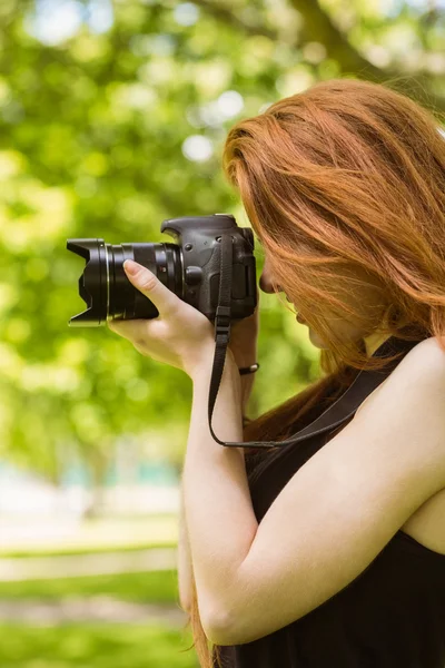 Vacker kvinnlig fotograf på park — Stockfoto