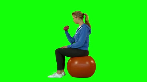 Frau mit Hantel sitzt auf Gymnastikball — Stockvideo