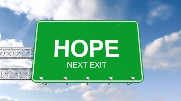 Hoffnung auf nächstes Ausfahrt-Schild gegen den Himmel — Stockvideo
