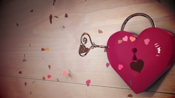 Key opening a heart lock with valentines message — Stock Video