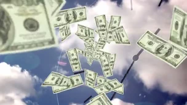 Billetes de dólar cayendo con cielo — Vídeo de stock