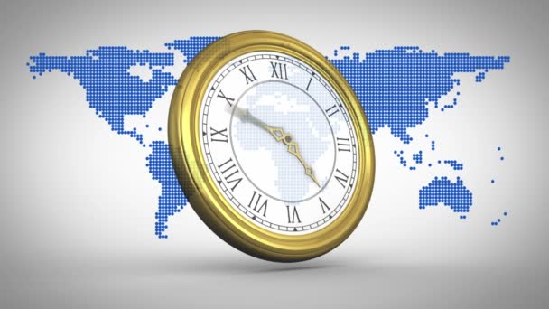 Zegar tyka przeciwko mapa świata — Wideo stockowe