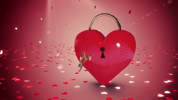 Key opening a heart lock with golden love text — Stock Video