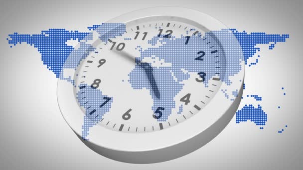 Часы тикают на карте мира — стоковое видео