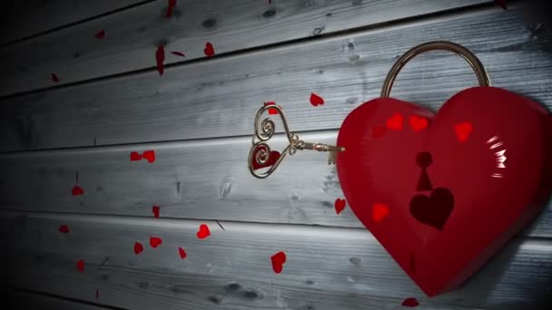 Ключ открытия сердечного замка с валентинками сообщение — стоковое видео