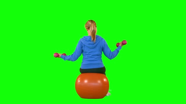 Mujer con mancuerna sentada en una pelota de ejercicio — Vídeo de stock