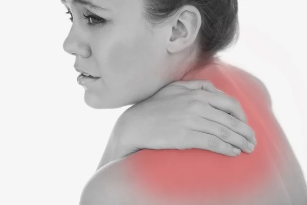 Upset woman suffering from backache — Stock Photo, Image