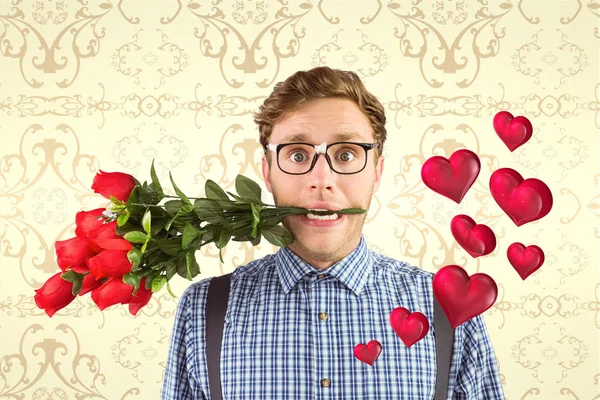 Imagem composta de hipster geeky mordendo um monte de rosas — Fotografia de Stock