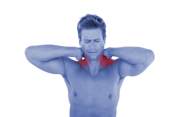 Hombre gritando y sufriendo de dolor de cuello — Foto de Stock
