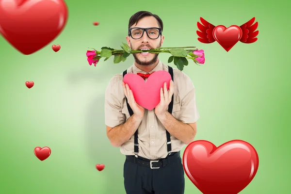 Geeky hipster aanbieden valentines geschenken — Stockfoto