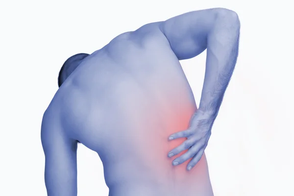 Rear view of shirtless man with back pain — Stock Photo, Image