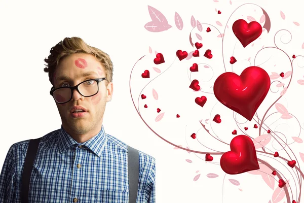 Geeky hipster covered in kisses — Stock Photo, Image