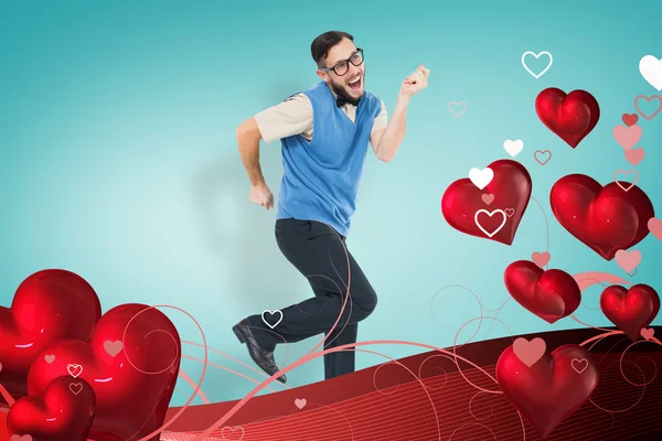 Geeky hipster dancing and smiling — Stock Photo, Image