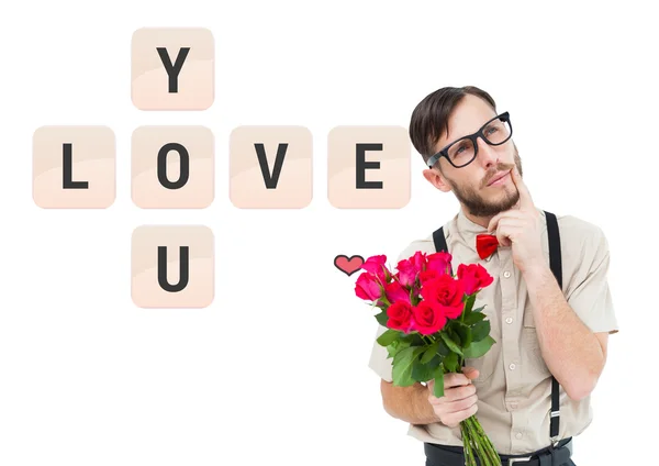 Geeky hipster offering bunch of roses — Stock Photo, Image