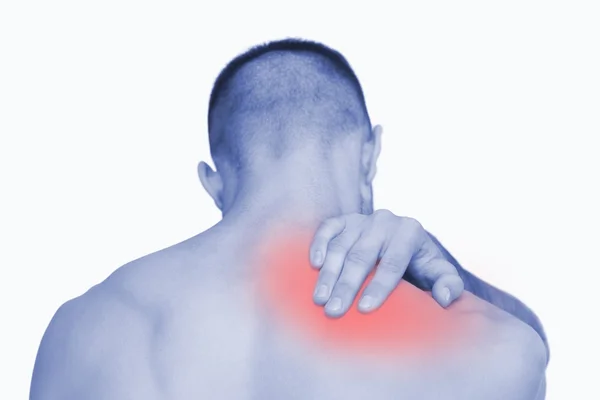 Rückansicht eines hemdlosen Mannes mit Nackenschmerzen — Stockfoto