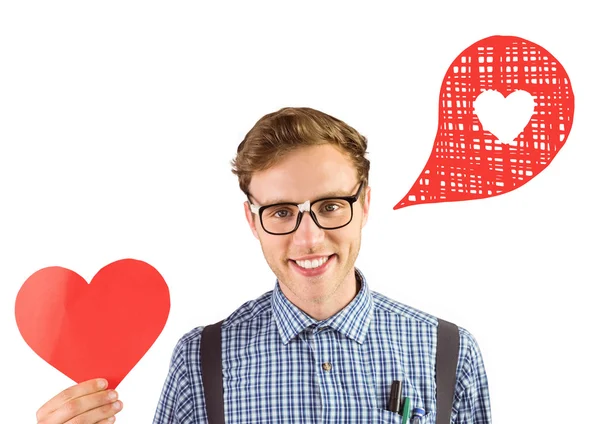 Geeky hipster holding heart card — Stock Photo, Image