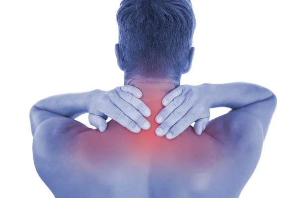 Homem sem camisa com uma dor no pescoço — Fotografia de Stock