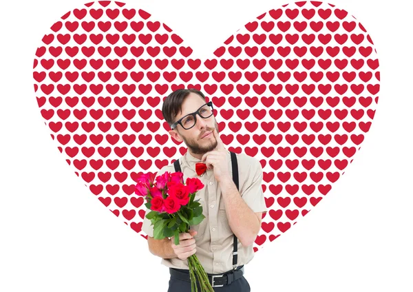 Geeky hipster ofreciendo ramo de rosas — Foto de Stock