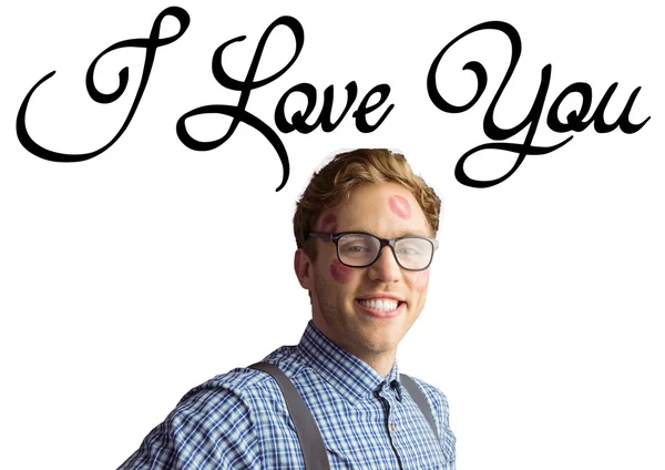 Geeky hipster covered in kisses — Stock Photo, Image