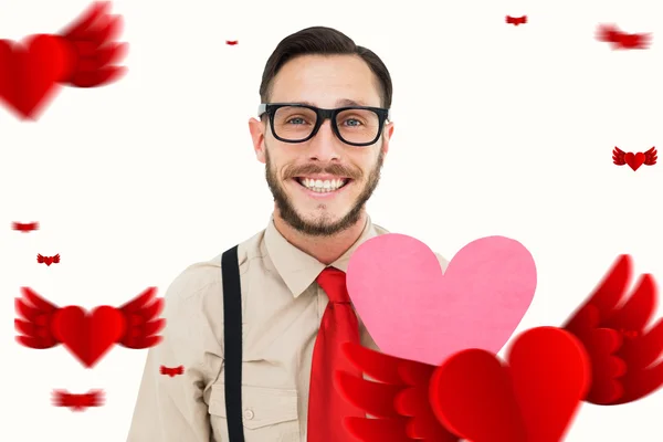 Geeky hipster met hart kaart — Stockfoto
