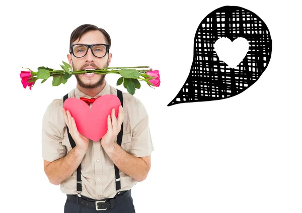 Geeky hipster ofreciendo regalos de San Valentín — Foto de Stock