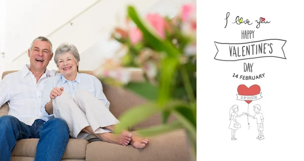 Lyckliga äldre par avkopplande soffan — Stockfoto
