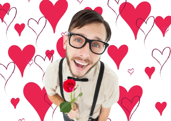Geeky lovesick hipster holding rose — Stock Photo, Image