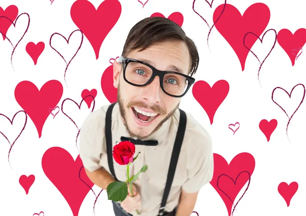 Geeky liebeskranker Hipster mit Rose — Stockfoto