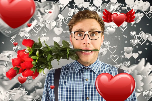 Geeky hipster mordiendo racimo de rosas —  Fotos de Stock