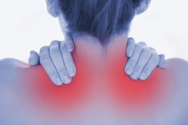 Closeup of of woman massaging neck — Stock Photo, Image