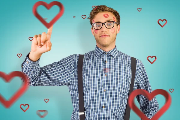 Geeky hipster covered in kisses — Stock Photo, Image