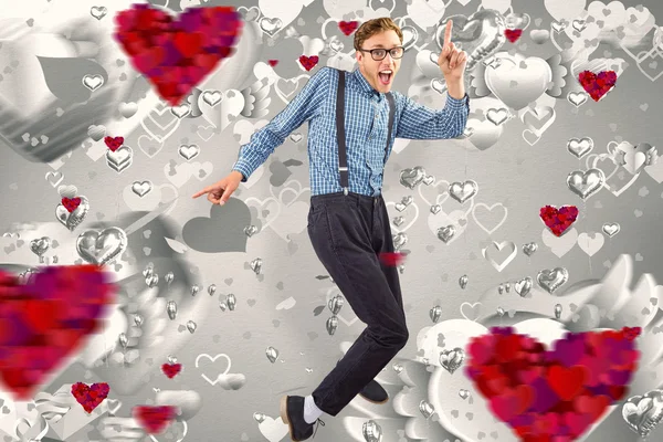 Geeky hipster dancing to vinyl — Stock Photo, Image