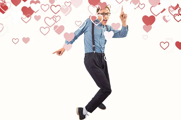 Geeky hipster dancing to vinyl — Stock Photo, Image