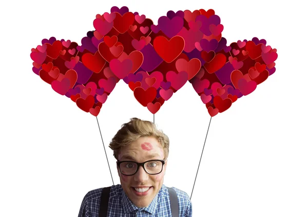 Geeky hipster covered in kisses — Stock Photo, Image