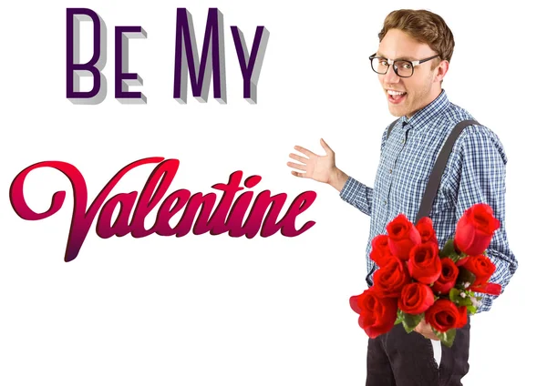 Geeky hipster holding bunch of roses — Stock Photo, Image