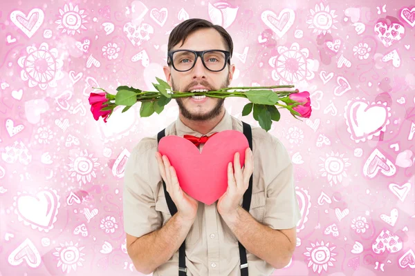 Geeky hipster ofreciendo regalos de San Valentín — Foto de Stock