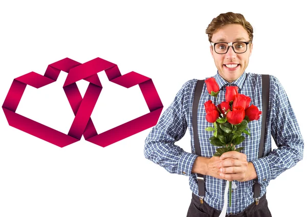 Geeky hipster κρατώντας μάτσο τριαντάφυλλα — Φωτογραφία Αρχείου