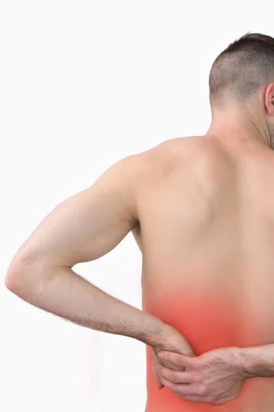 Pandangan belakang dari pria bertelanjang dada dengan sakit punggung — Stok Foto