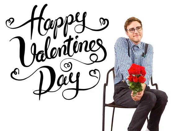 Geeky hipster holding bunch of roses — Stock Photo, Image