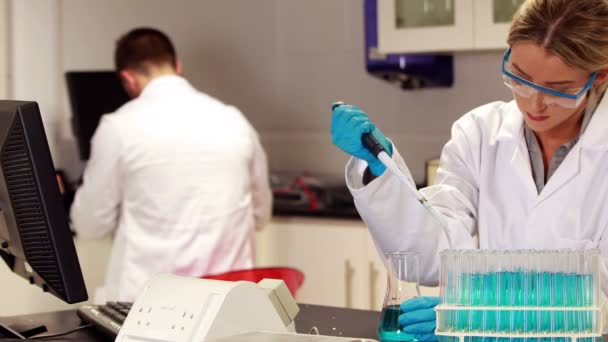 Вчений проводить хімічний експеримент — стокове відео