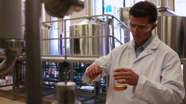 Работник пивоварни проверяет продукт — стоковое видео